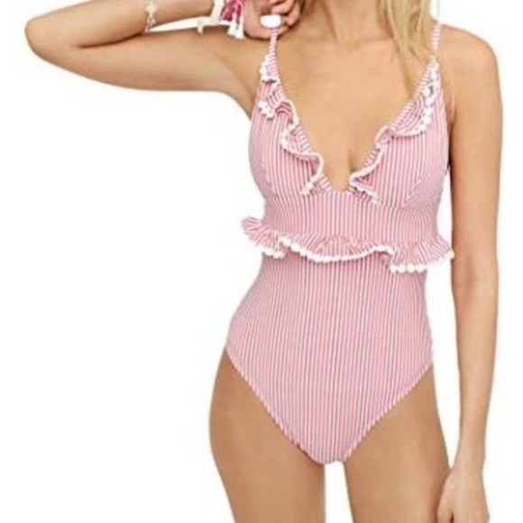 J.Crew Pink & White Seersucker Juliette Tank W/Ruffle Trim One Piece Swimsuit 14 - Picture 2 of 11